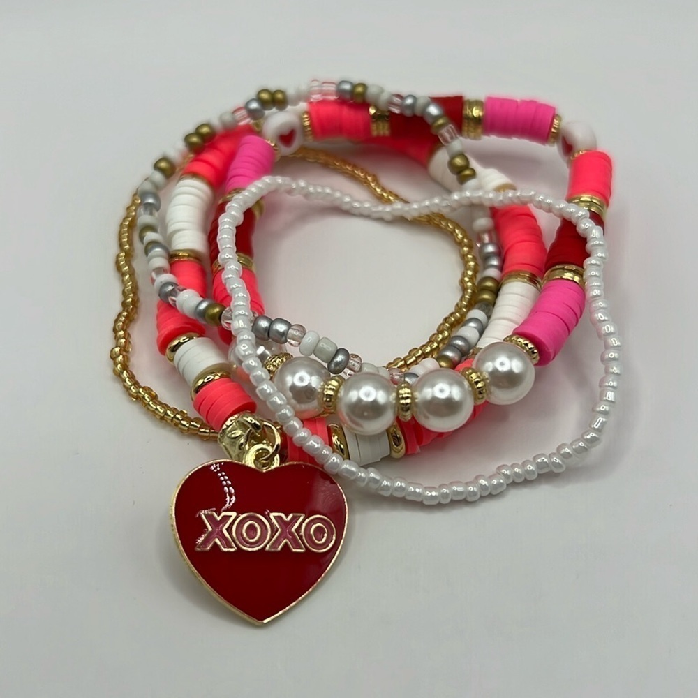 5PC XOXO Charm Pink and Red Bracelet Stack